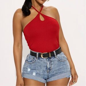 Fashion Nova Red Ribbed Halter Bodysuit NWOT
